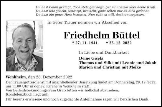 Traueranzeige von Friedhelm Büttel von Fränkische Nachrichten