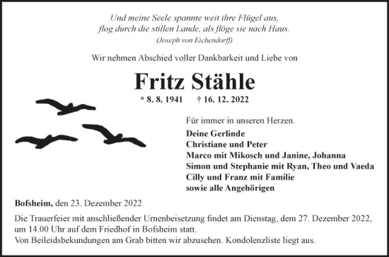 Traueranzeige von Fritz Stähle von Fränkische Nachrichten