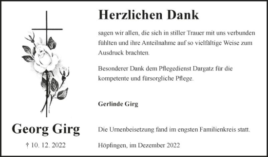 Traueranzeige von Georg Girg von Fränkische Nachrichten