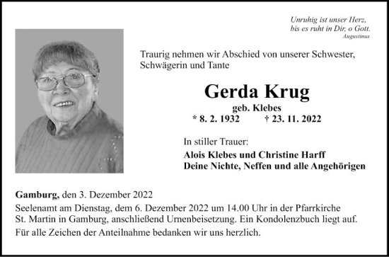 Traueranzeige von Gerda Krug von Fränkische Nachrichten