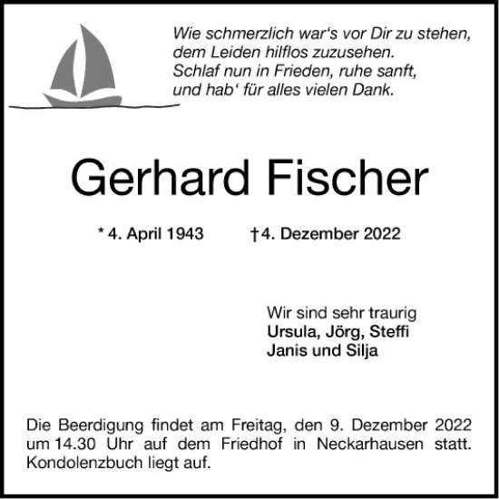 Traueranzeige von Gerhard Fischer von Mannheimer Morgen