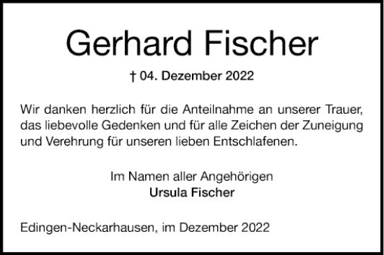 Traueranzeige von Gerhard Fischer von Mannheimer Morgen