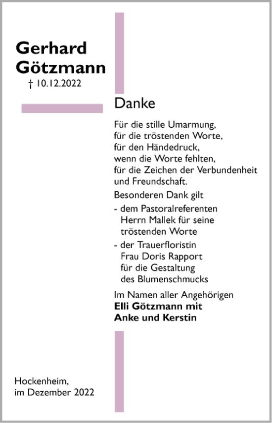 Traueranzeige von Gerhard Götzmann von Schwetzinger Zeitung