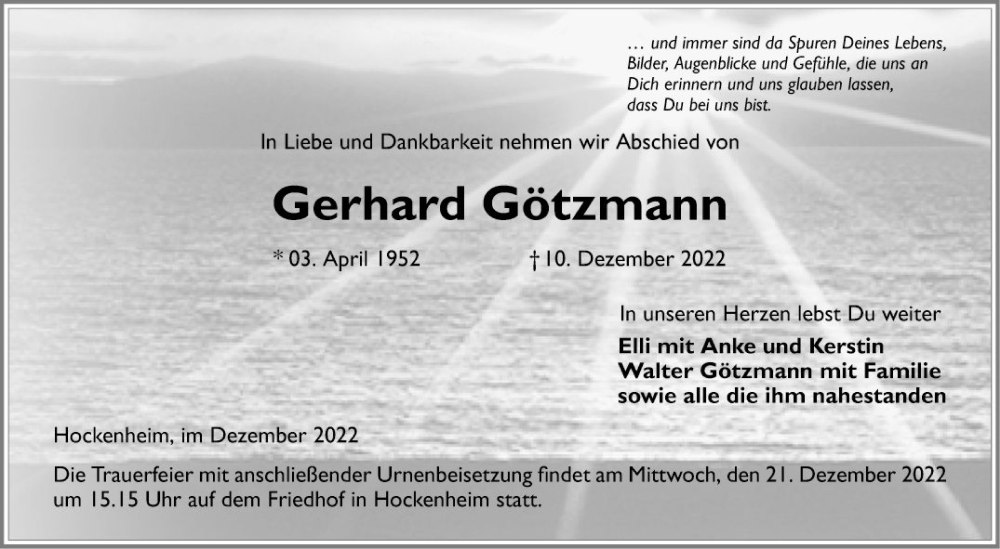  Traueranzeige für Gerhard Götzmann vom 17.12.2022 aus Schwetzinger Zeitung