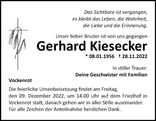 Traueranzeige von Gerhard Kiesecker von Fränkische Nachrichten