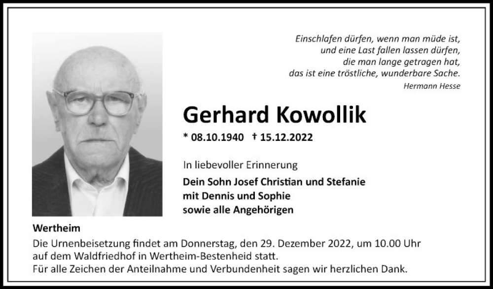  Traueranzeige für Gerhard Kowollik vom 24.12.2022 aus Fränkische Nachrichten