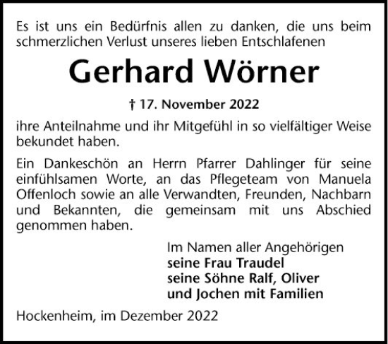 Traueranzeige von Gerhard Wörner von Schwetzinger Zeitung