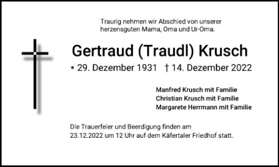 Traueranzeige von Gertraud Krusch von Mannheimer Morgen