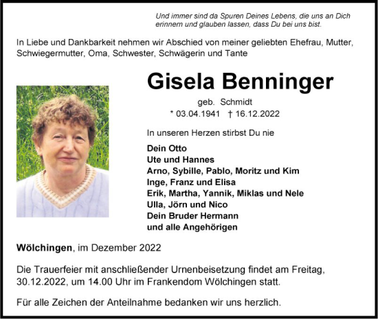 Traueranzeige von Gisela Benninger von Fränkische Nachrichten