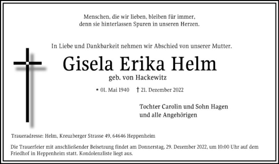 Traueranzeige von Gisela Erika Helm von Bergsträßer Anzeiger