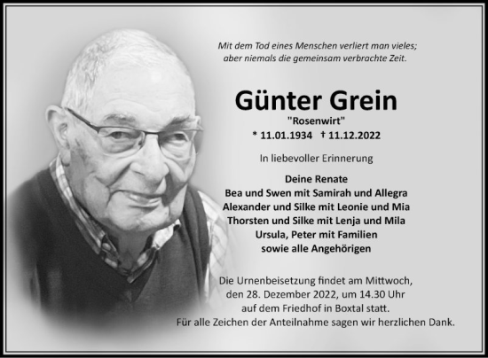 Traueranzeige von Günter Grein von Fränkische Nachrichten