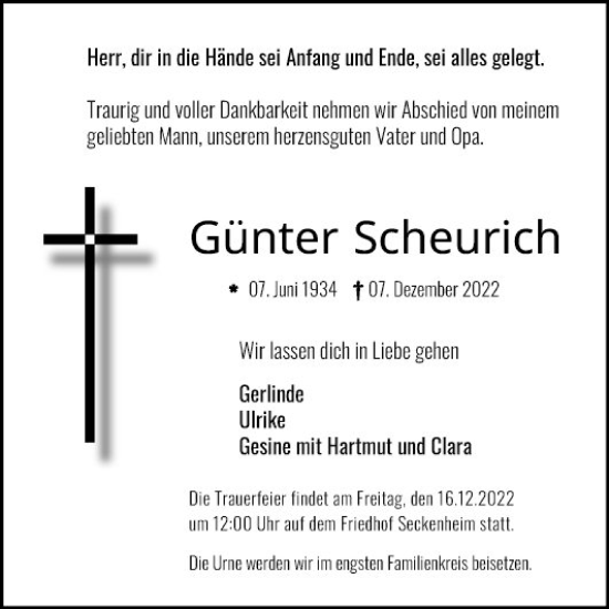 Traueranzeige von Günter Scheurich von Mannheimer Morgen