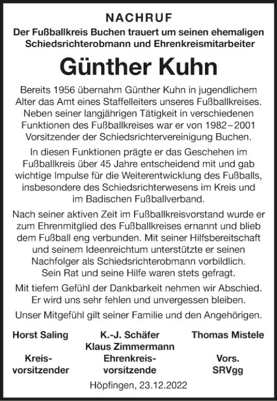 Traueranzeige von Günther Kuhn von Fränkische Nachrichten