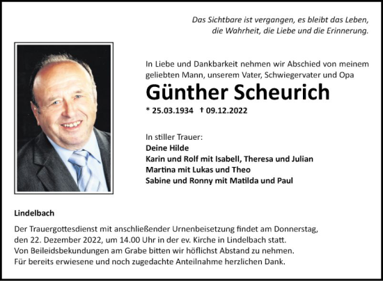 Traueranzeige von Günther Scheurich von Fränkische Nachrichten