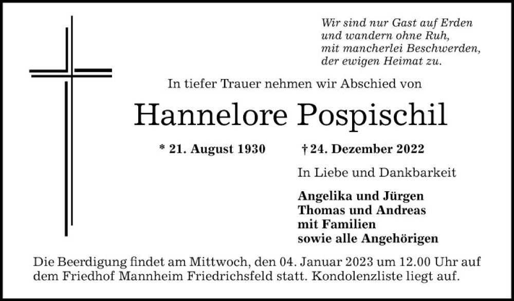  Traueranzeige für Hannelore Pospischil vom 31.12.2022 aus Mannheimer Morgen