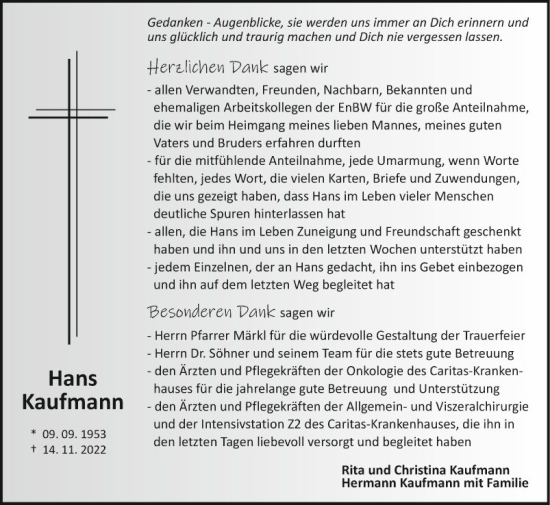 Traueranzeige von Hans Kaufmann von Fränkische Nachrichten