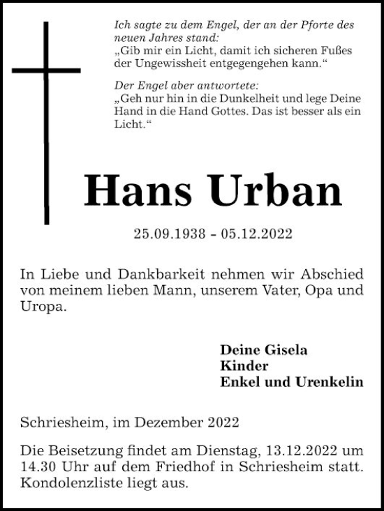 Traueranzeige von Hans Urban von Mannheimer Morgen