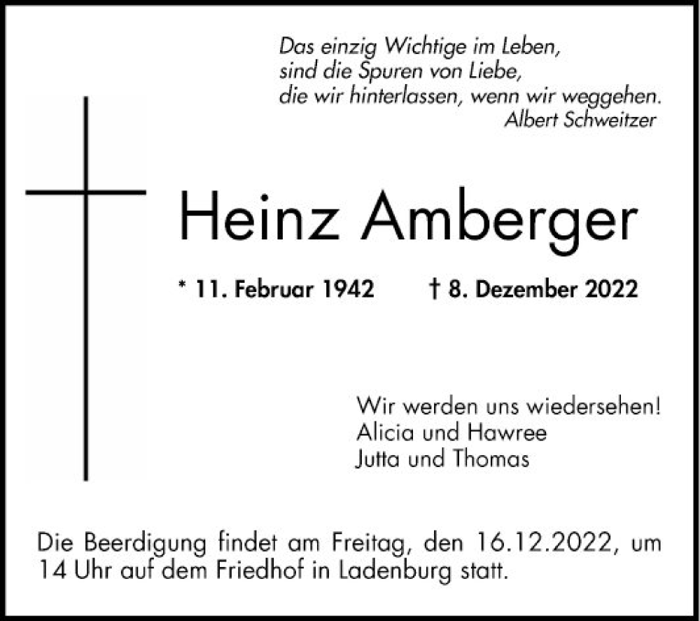  Traueranzeige für Heinz Amberger vom 13.12.2022 aus Mannheimer Morgen