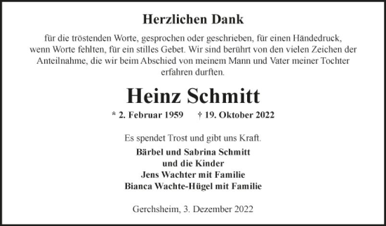 Traueranzeige von Heinz Schmitt von Fränkische Nachrichten