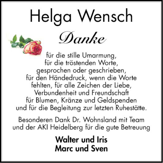 Traueranzeige von Helga Wensch von Schwetzinger Zeitung