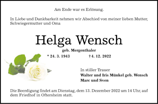 Traueranzeige von Helga Wensch von Schwetzinger Zeitung