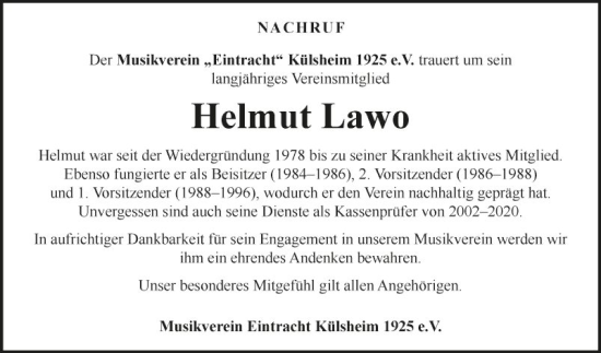 Traueranzeige von Helmut Lawo von Fränkische Nachrichten