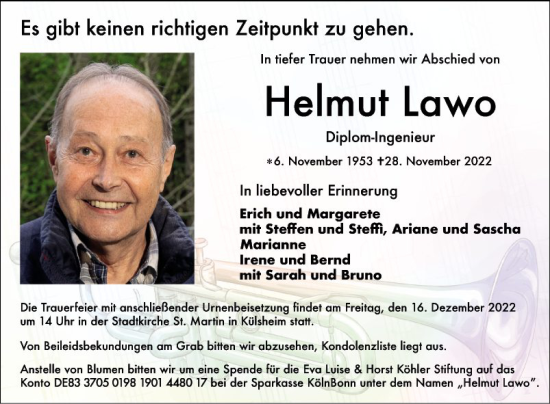 Traueranzeige von Helmut Lawo von Fränkische Nachrichten