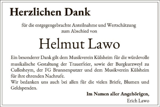 Traueranzeige von Helmut Lawo von Fränkische Nachrichten