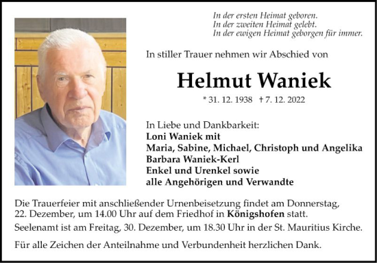 Traueranzeige von Helmut Waniek von Fränkische Nachrichten