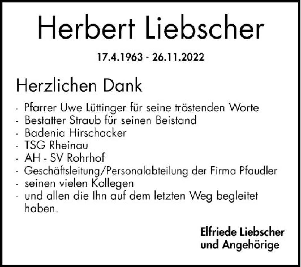  Traueranzeige für Herbert Liebscher vom 17.12.2022 aus Schwetzinger Zeitung