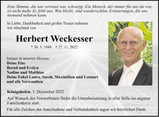 Traueranzeige von Herbert Weckesser von Fränkische Nachrichten