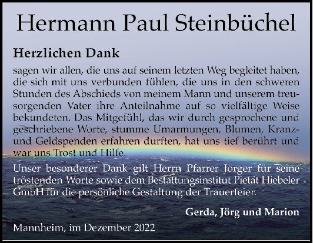  Traueranzeige für Hermann Paul Steinbüchel vom 10.12.2022 aus Mannheimer Morgen