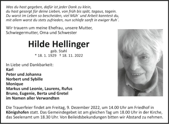 Traueranzeige von Hilde Hellinger von Fränkische Nachrichten