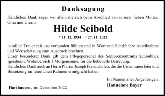 Traueranzeige von Hilde Seibold von Fränkische Nachrichten