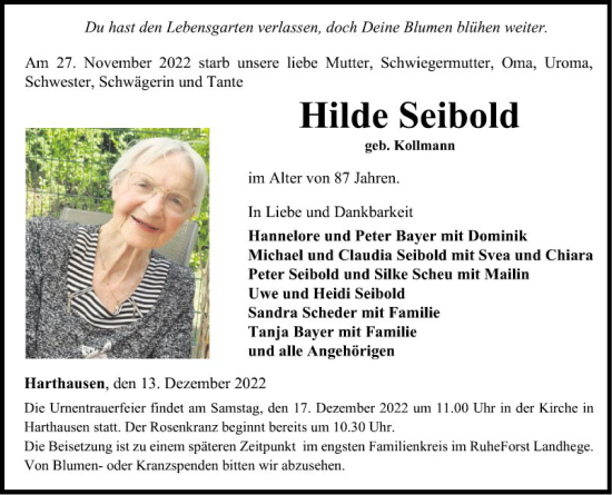 Traueranzeige von Hilde Seibold von Fränkische Nachrichten