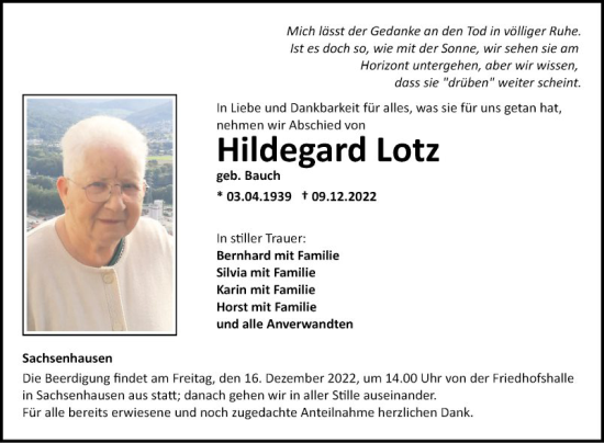 Traueranzeige von Hildegard Lotz von Fränkische Nachrichten