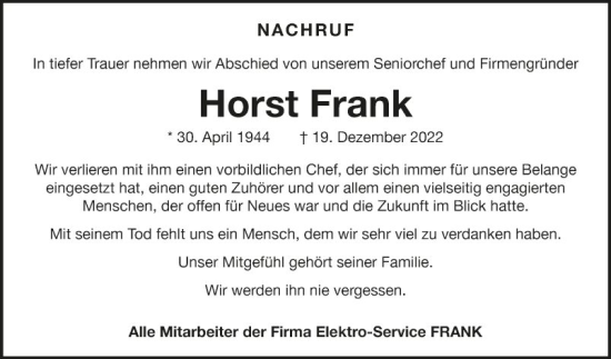 Traueranzeige von Horst Frank von Fränkische Nachrichten