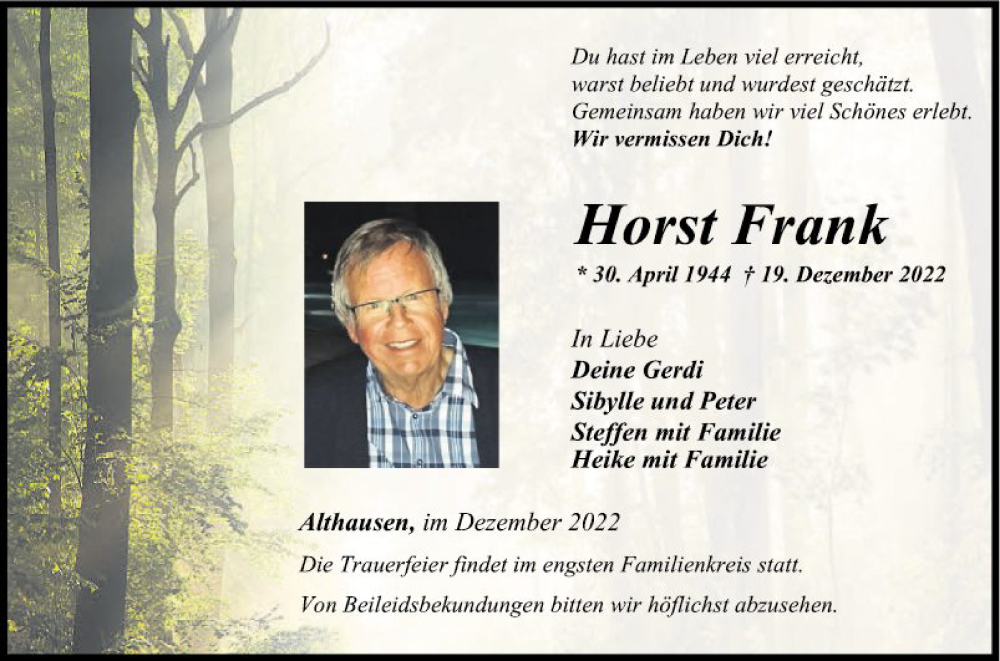  Traueranzeige für Horst Frank vom 24.12.2022 aus Fränkische Nachrichten