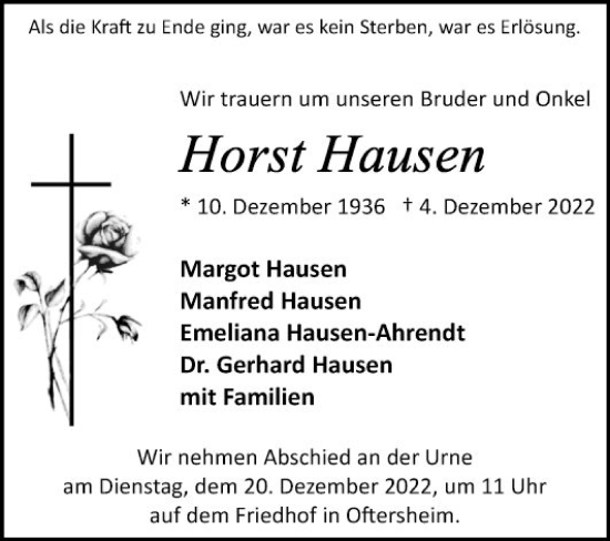 Traueranzeige von Horst Hausen von Mannheimer Morgen