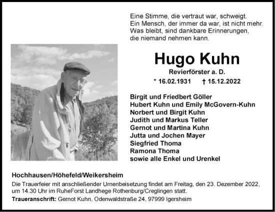 Traueranzeige von Hugo Kuhn von Fränkische Nachrichten