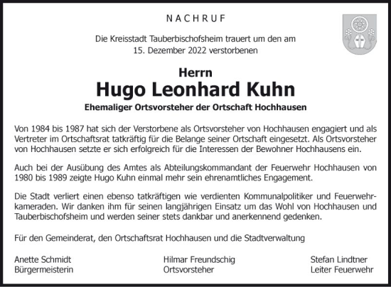 Traueranzeige von Hugo Leonhard Kuhn von Fränkische Nachrichten