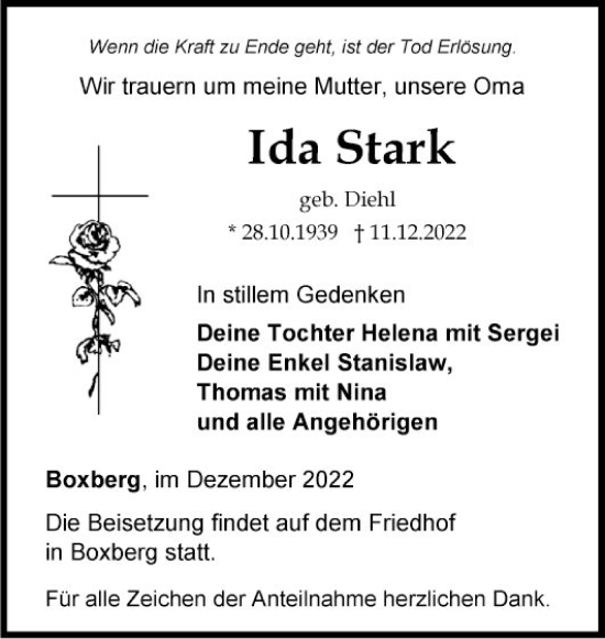 Traueranzeige von Ida Stark von Fränkische Nachrichten