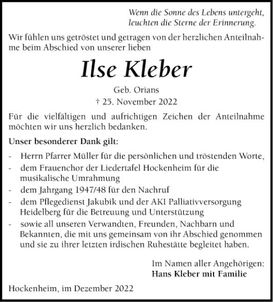 Traueranzeige von Ilse Kleber von Schwetzinger Zeitung