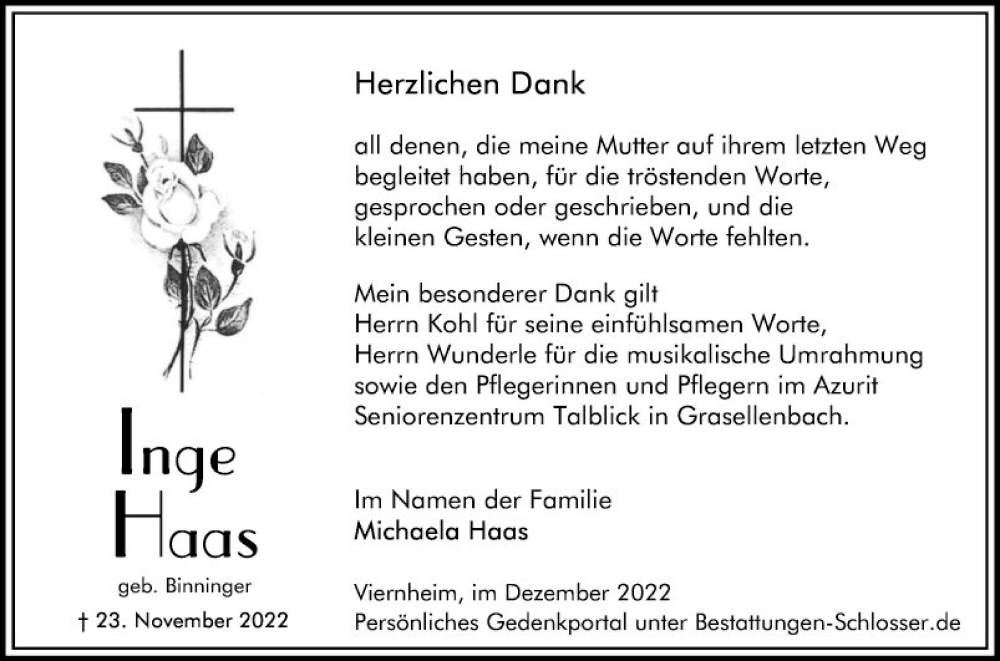  Traueranzeige für Inge Haas vom 17.12.2022 aus Mannheimer Morgen