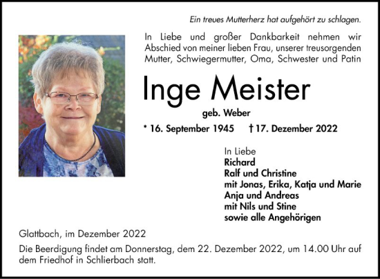 Traueranzeige von Inge Meister von Bergsträßer Anzeiger