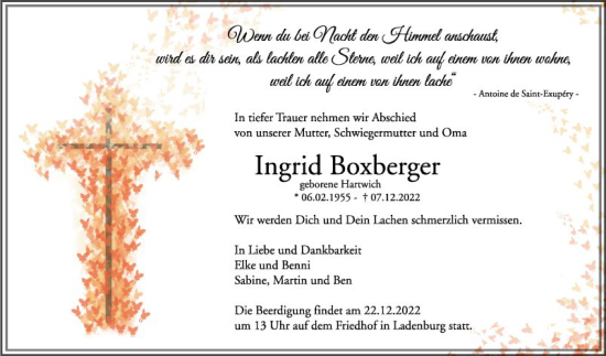 Traueranzeige von Ingr Boxberger von Schwetzinger Zeitung