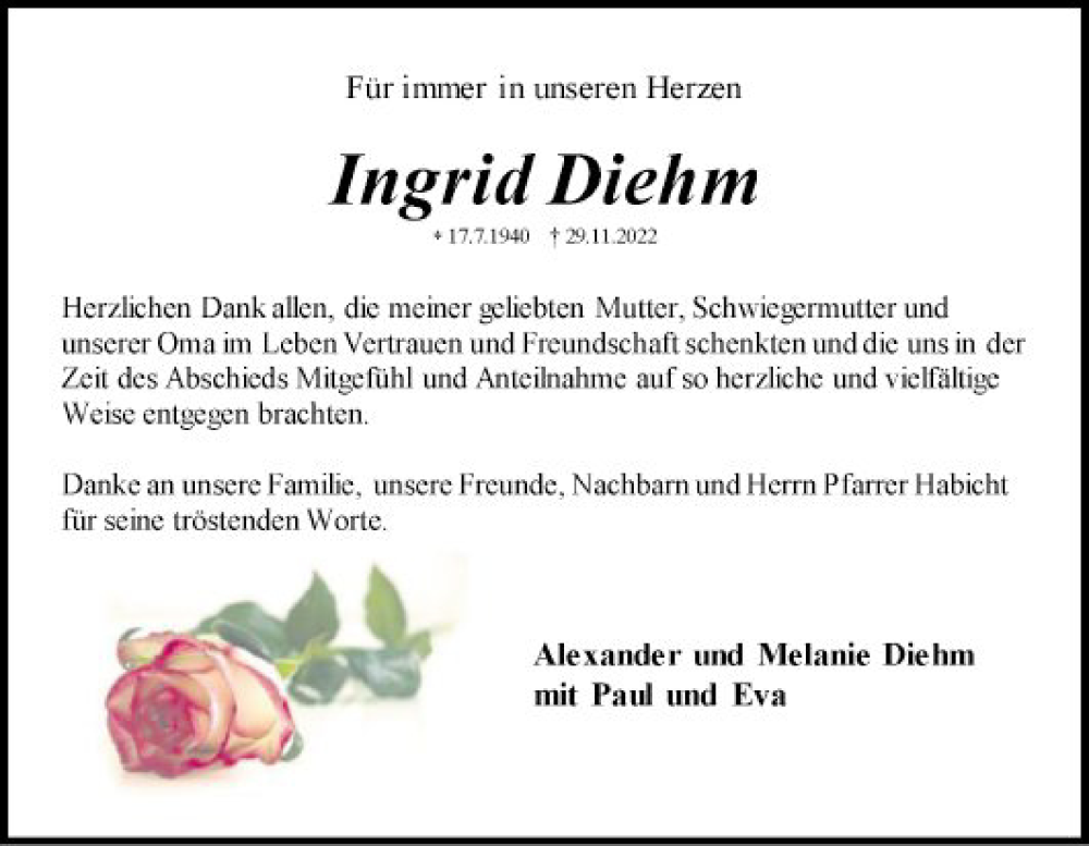  Traueranzeige für Ingrid Diehm vom 31.12.2022 aus Schwetzinger Zeitung