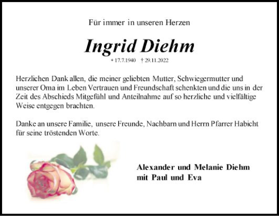 Traueranzeige von Ingrid Diehm von Schwetzinger Zeitung