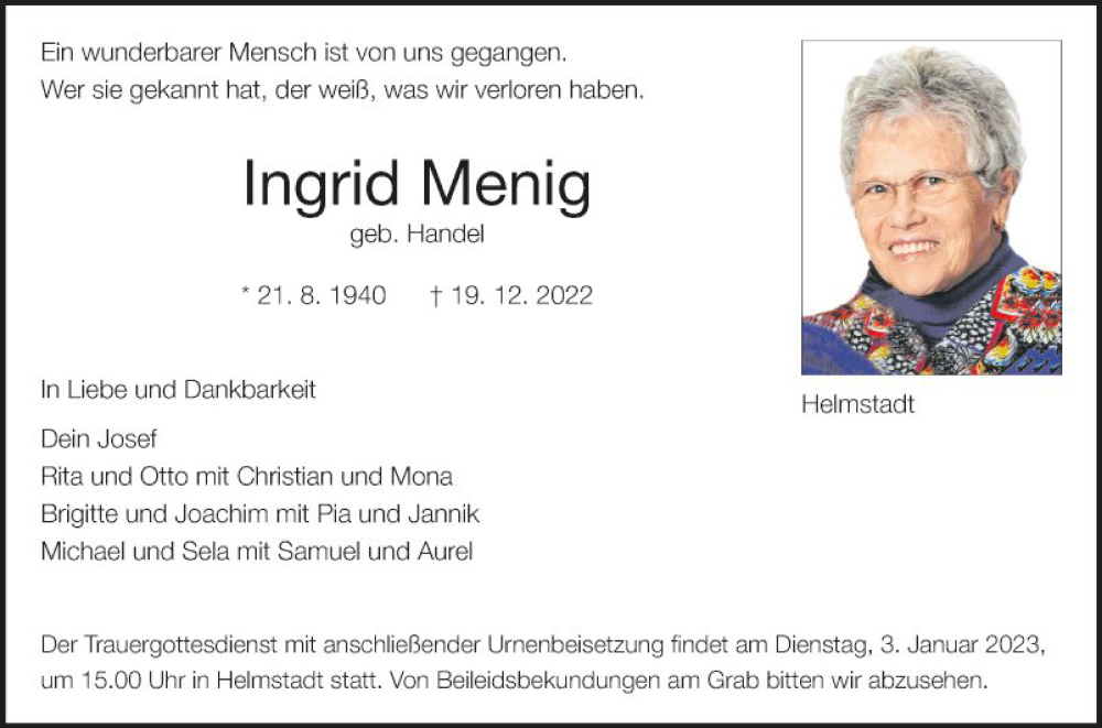  Traueranzeige für Ingrid Menig vom 31.12.2022 aus Fränkische Nachrichten