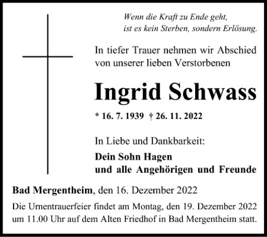 Traueranzeige von Ingrid Schwass von Fränkische Nachrichten